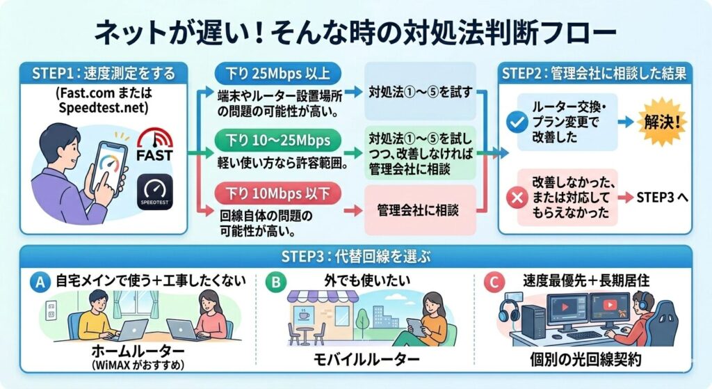 ネットが遅いときの対処法判断フロー