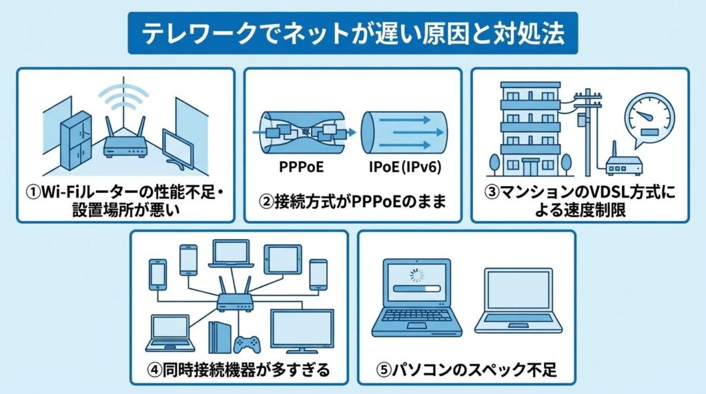 テレワーク_ネットが遅い原因と対処法5つ