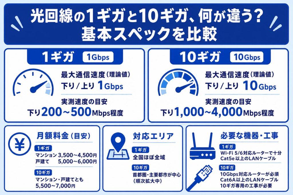 光回線_1ギガと10ギガの基本スペック比較