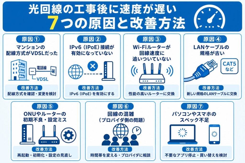 光回線_工事後に速度が遅い7つの原因と改善方法